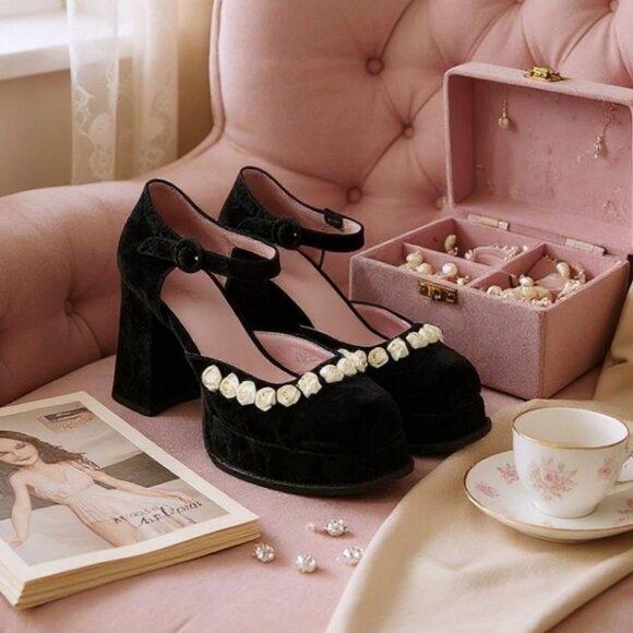 Sugar Thrillz Rose Platform Mary Janes – Black Velvet w/ Appliqué Roses Chunky 9